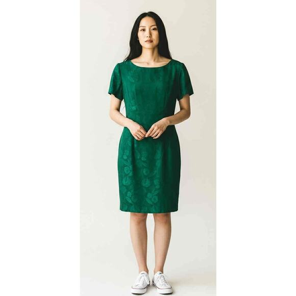 Vintage 1960s Emerald Satin Brocade 2-Piece Dress & Jacket Set Suit No Label S/M - Picture 3 of 4